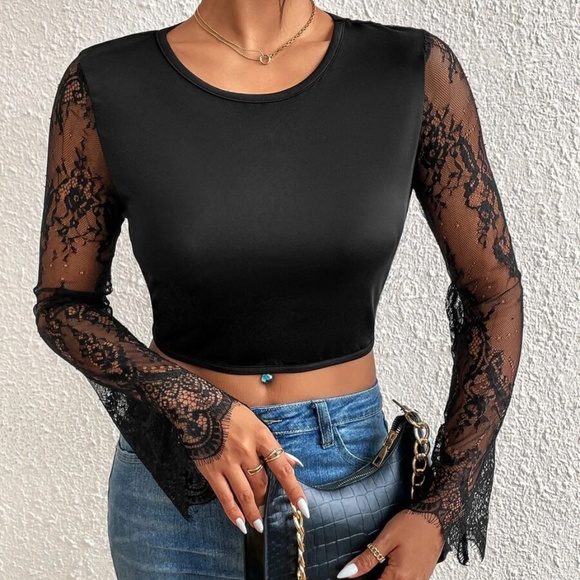 Black Open Back Eyelash Lace Crop Top - Picture 3 of 5